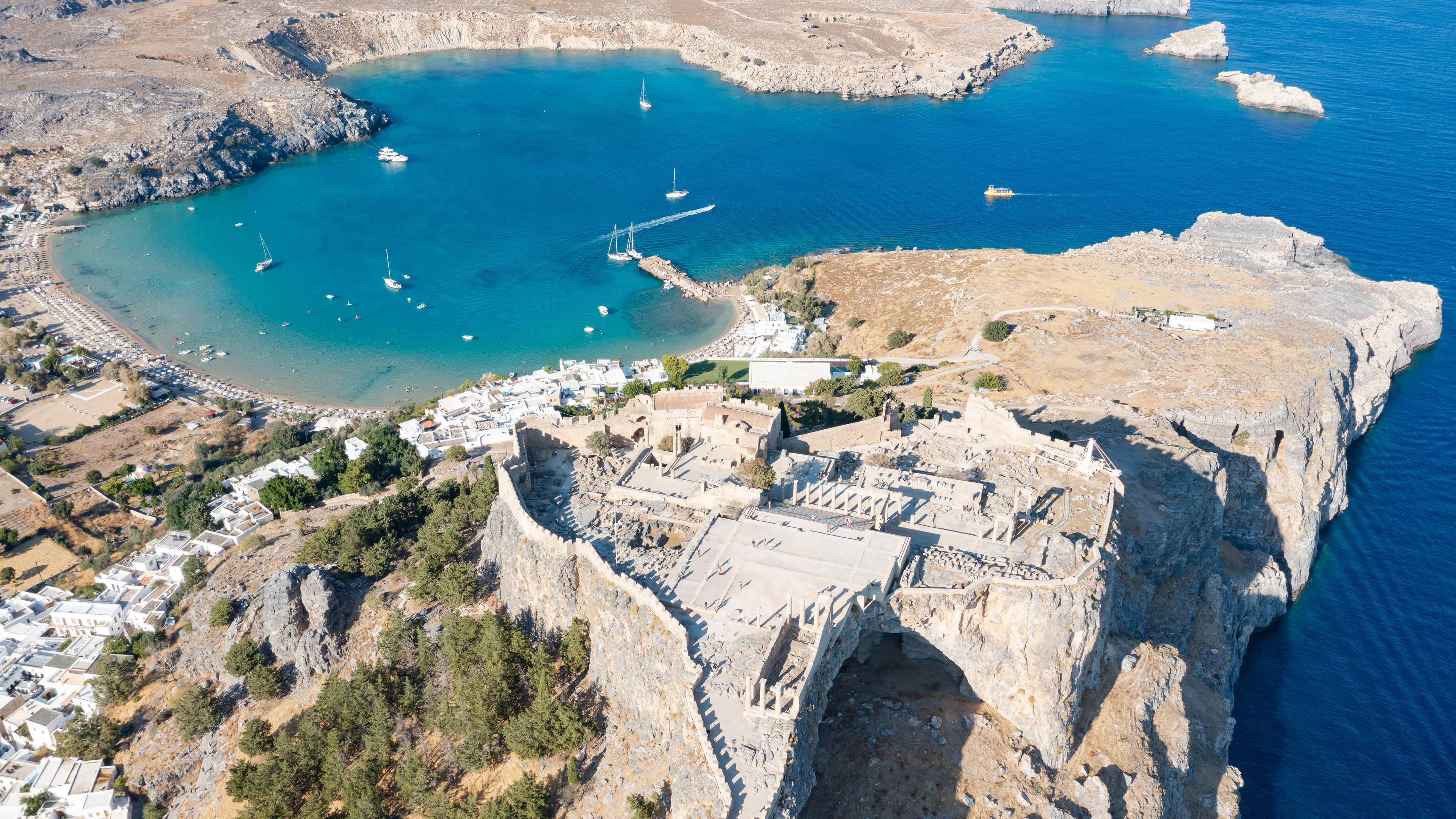 Aerial view of Lindos Beach and Acropolis, Rhodes island Greece